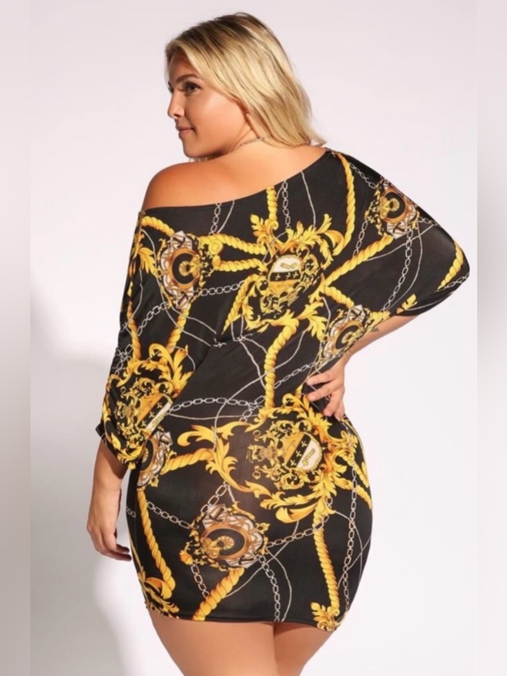 Black & Gold Baroque Off-Shoulder Bodycon Dress